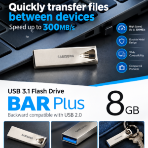 Alt Text: Samsung BAR Plus 8GB USB 3.1 Flash Drive with premium metal design for fast file transfer up to 300MB/s.