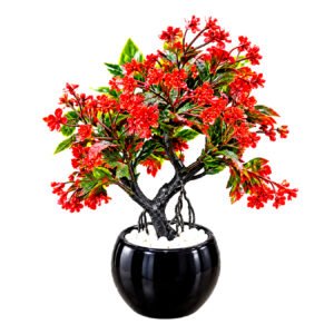 Artificial Red Flower Bonsai Plant with Black Decorative Pot