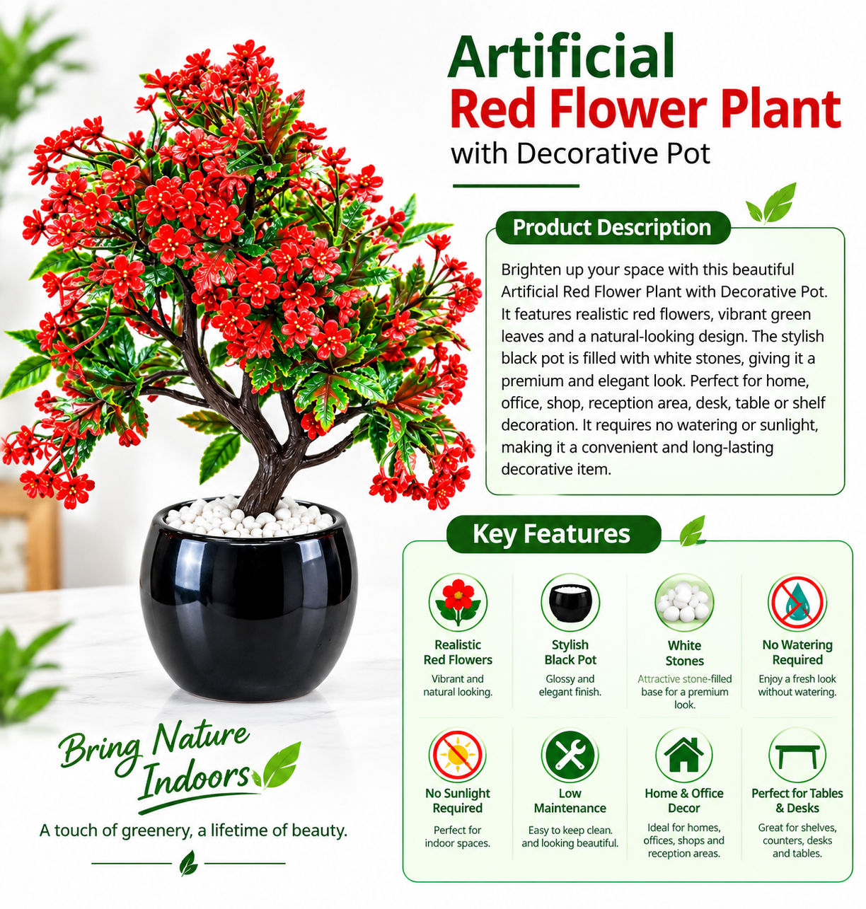 Artificial Red Flower Bonsai Plant with Decorative Black Pot
