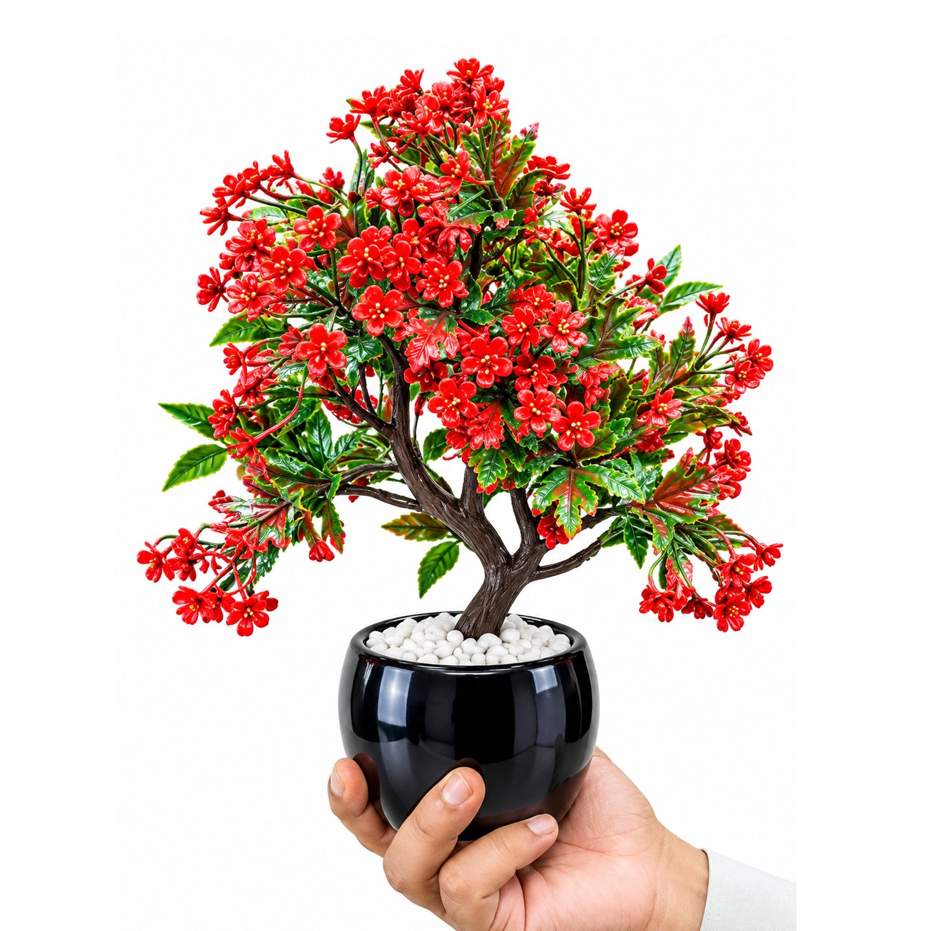Artificial Red Flower Bonsai Plant with Decorative Black Pot