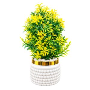 Artificial Yellow & Green Bush Plant with Decorative White Pot