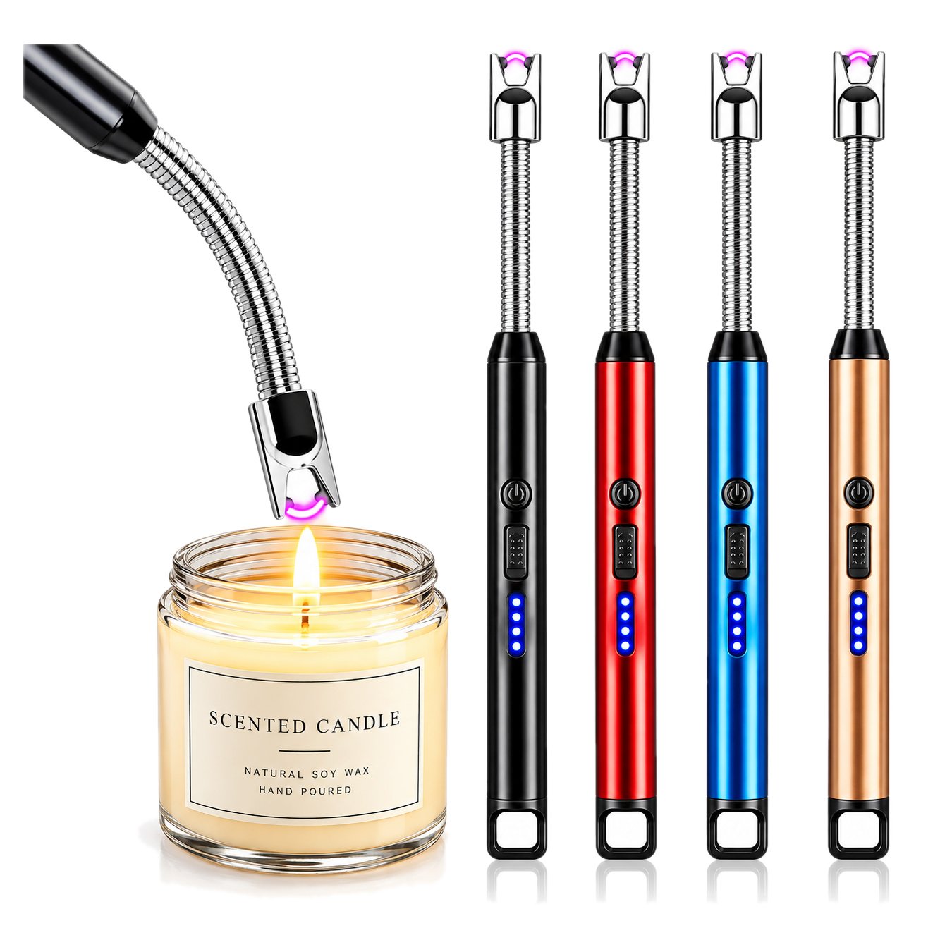 Electric Lighter Rechargeable Arc USB Candle Lighters with LED Battery Display, Flexible Neck Windproof Flameless Long Lighters for Candle BBQ Camping