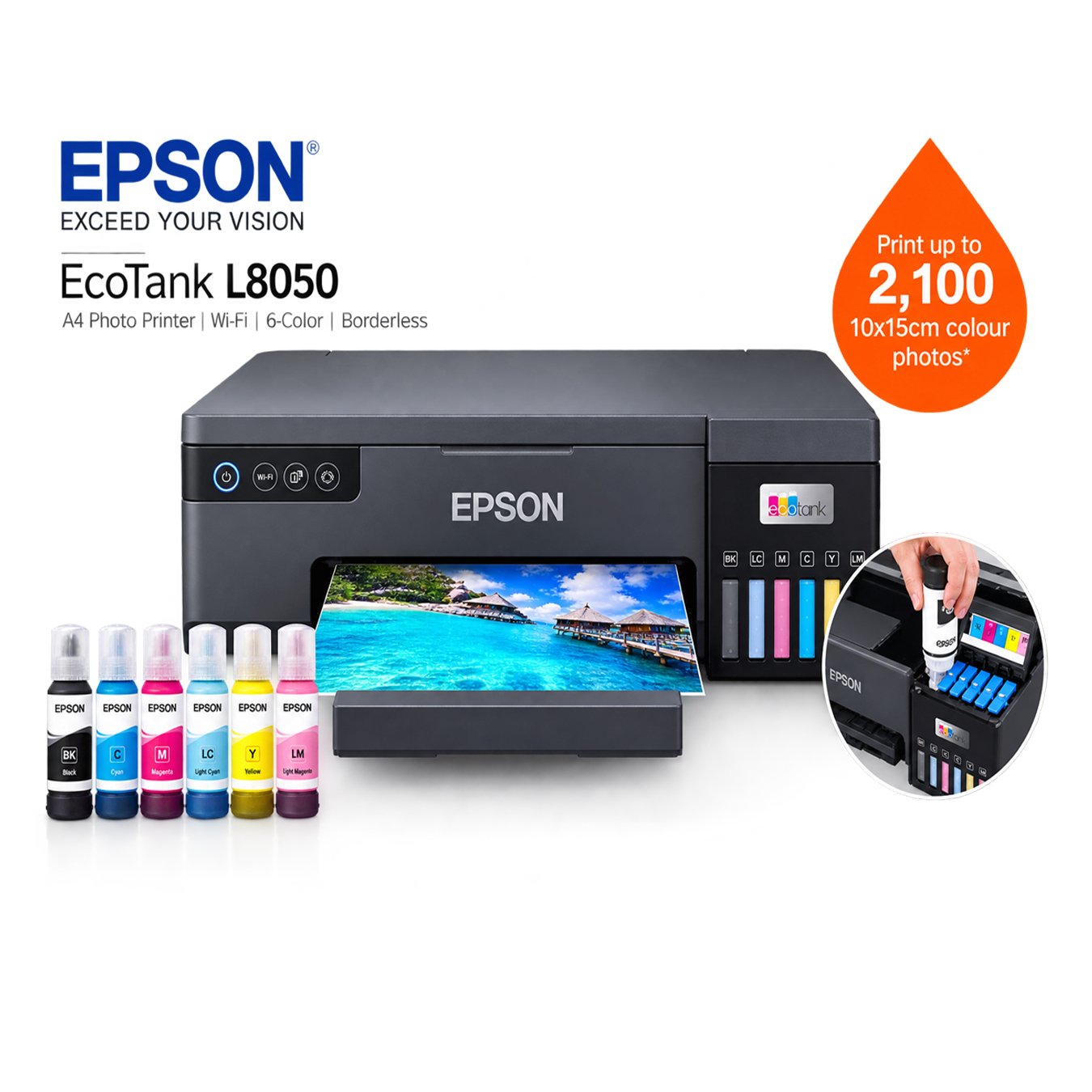 Epson EcoTank L8050 A4 Photo Printer | Wi-Fi Ink Tank | 6-Color Photo Printing | Borderless Printing