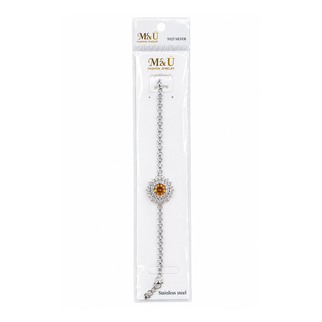 M&U S925 Silver Crystal Bracelet with Amber Stone