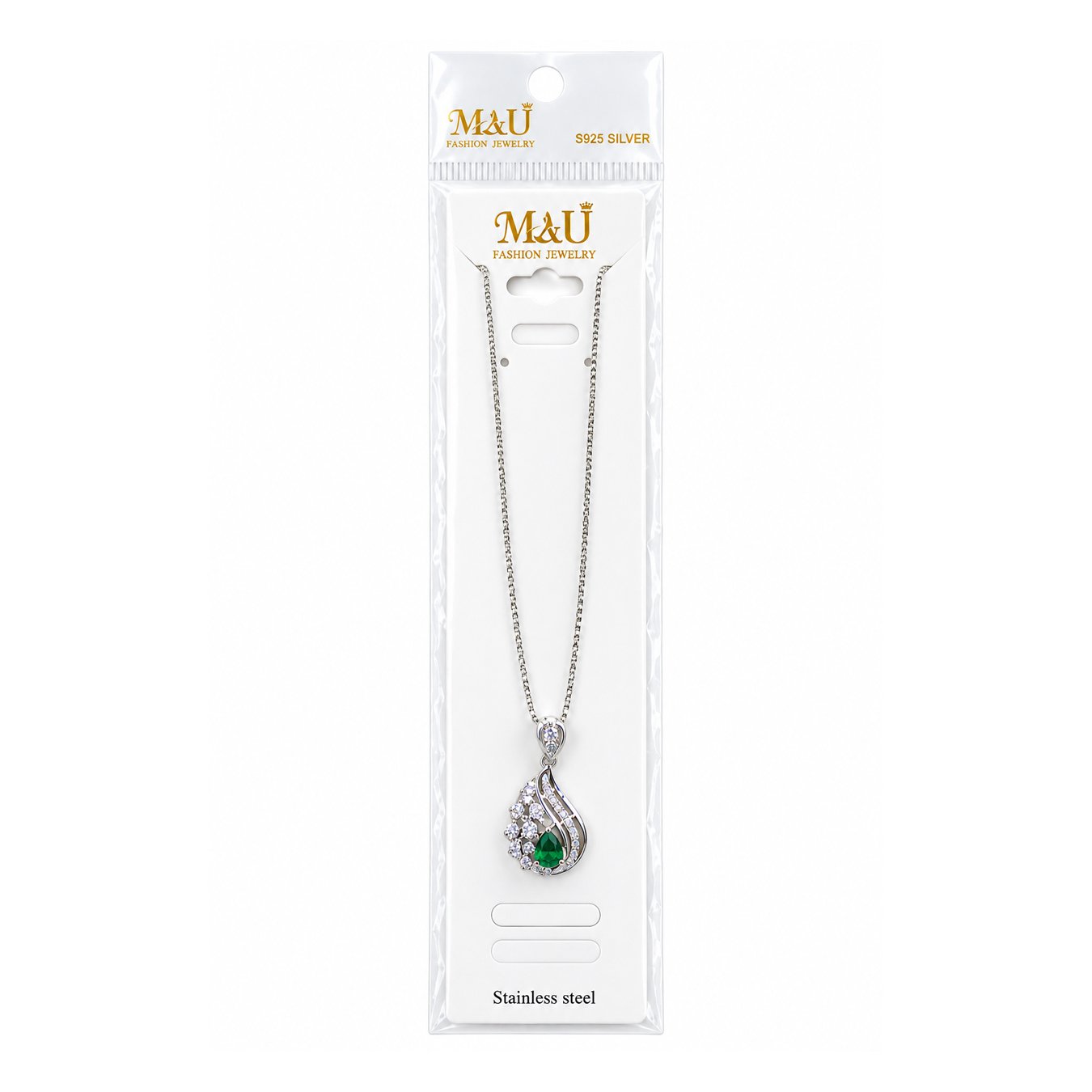 M&U S925 Silver Green Emerald Teardrop Pendant Necklace