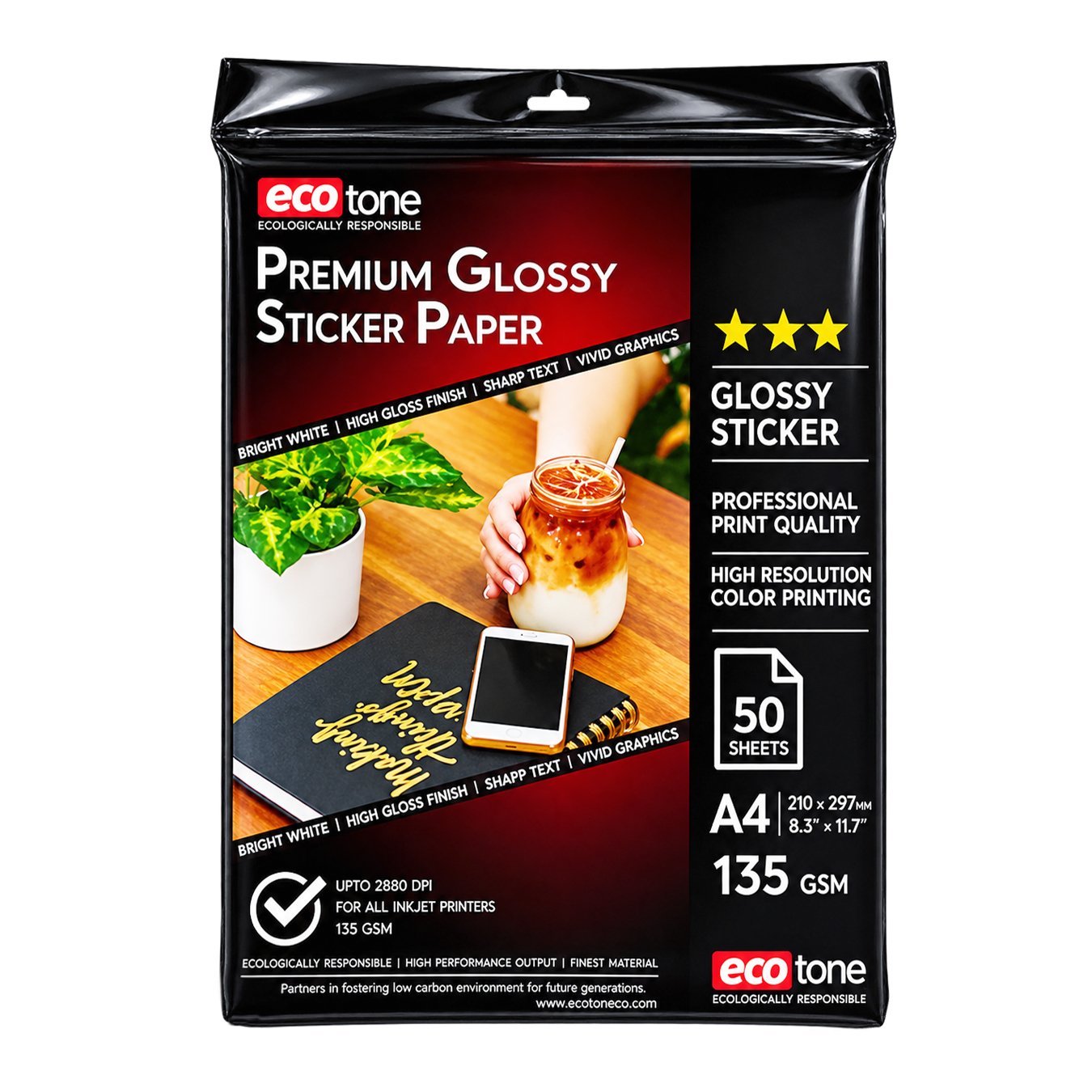 Ecotone Premium Glossy Sticker Paper – A4, 135 GSM, 50 Sheets