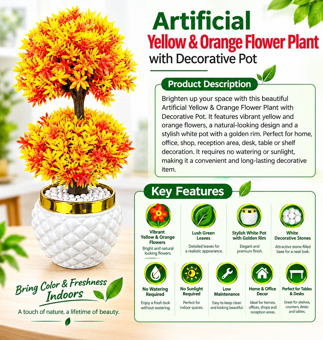 Artificial Yellow & Orange Flower Plant with Decorative Pot