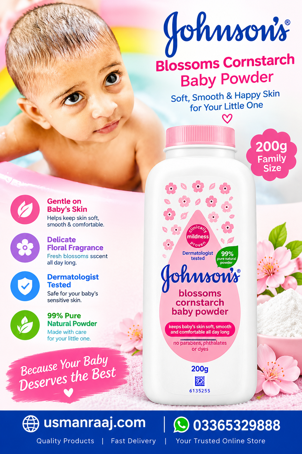 Johnson’s Blossoms Cornstarch Baby Powder 200g – Premium Gentle Baby Skin Care Powder, Soft & Smooth Feel, Floral Fragrance, Dermatologically Tested, 99% Pure Natural Powder