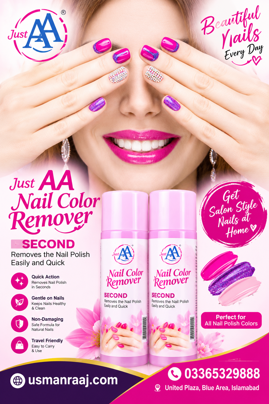 Just AA Nail Color Remover – Fast & Easy Nail Polish Remover for Women, Gentle Nail Cleaning Solution, Pink Bottle Beauty Care Product – Pack of 2