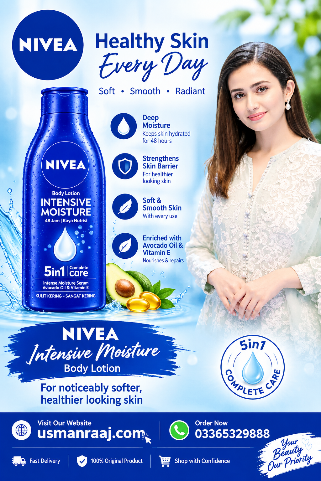 NIVEA Intensive Moisture Body Lotion 5-in-1 Complete Care | Avocado Oil & Vitamin E | Deep Moisturizing Skincare for Dry to Very Dry Skin | Nourishing, Softening & Hydrating Body Lotion | Daily Skin Care