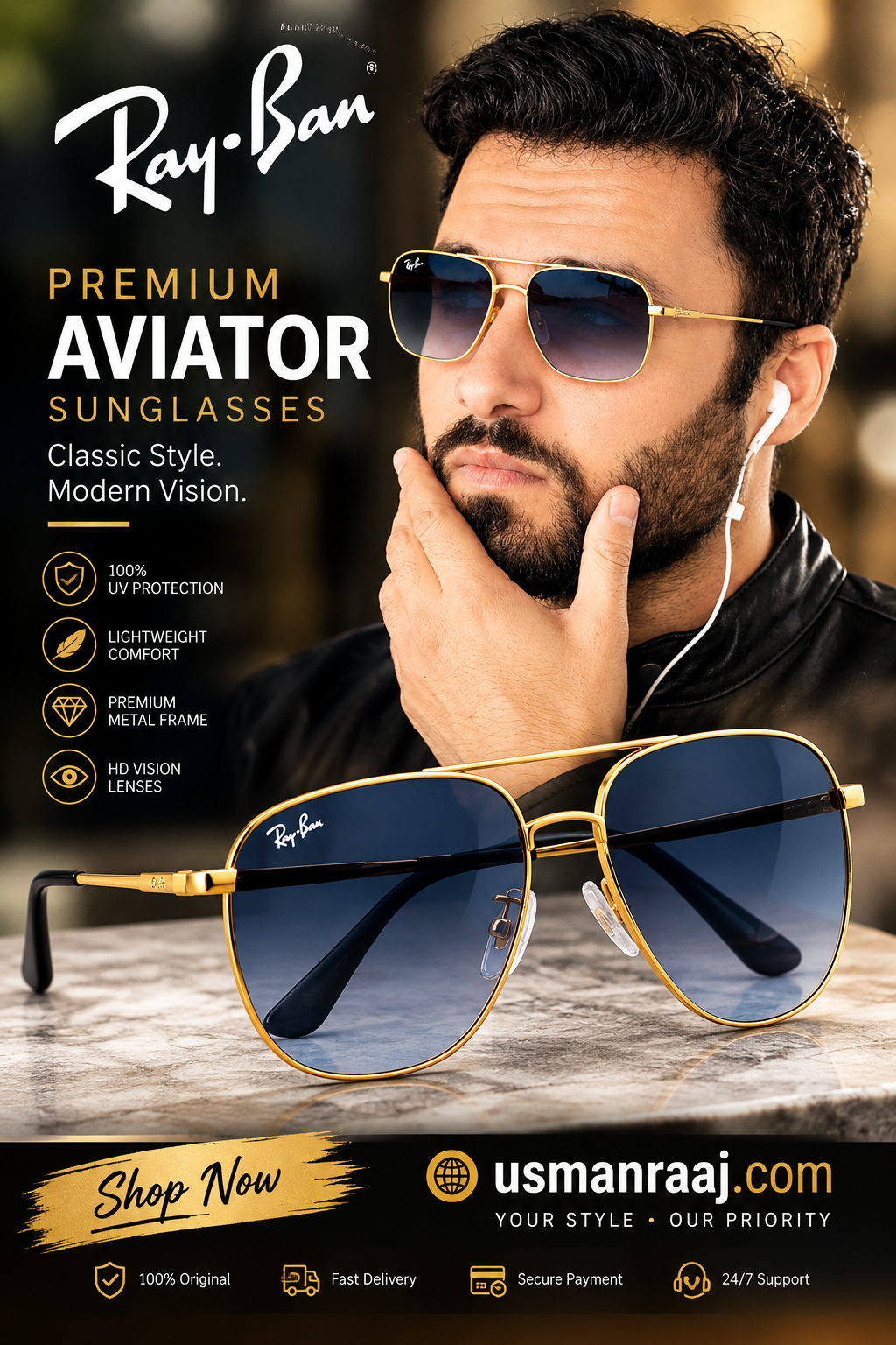 Ray-Ban Gold Aviator Sunglasses with Blue Gradient Lenses – Premium Metal Frame UV Protection