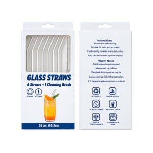 Premium Glass Drinking Straws Set – 6 Reusable Bent Glass Straws with Cleaning Brush, Eco-Friendly Plastic-Free Drinkware, Dishwasher-Safe for Hot & Cold Beverages, 20 cm, 0.8 cm Diameter