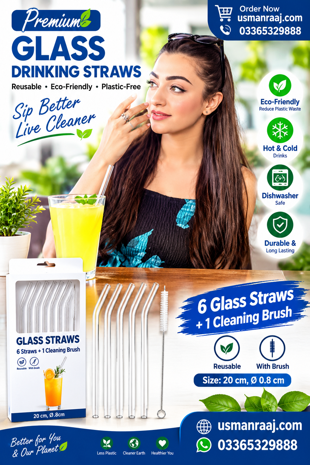 Premium Glass Drinking Straws Set – 6 Reusable Bent Glass Straws with Cleaning Brush, Eco-Friendly Plastic-Free Drinkware, Dishwasher-Safe for Hot & Cold Beverages, 20 cm, 0.8 cm Diameter
