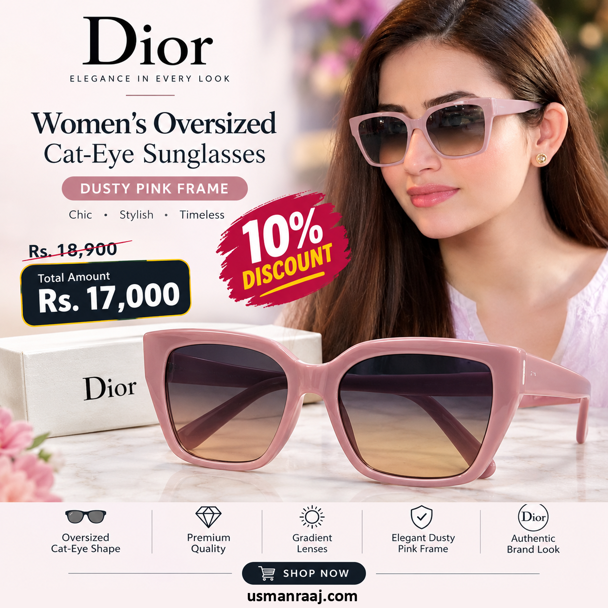 Dior Women’s Oversized Cat-Eye Sunglasses – Dusty Pink Frame with Gradient Lenses