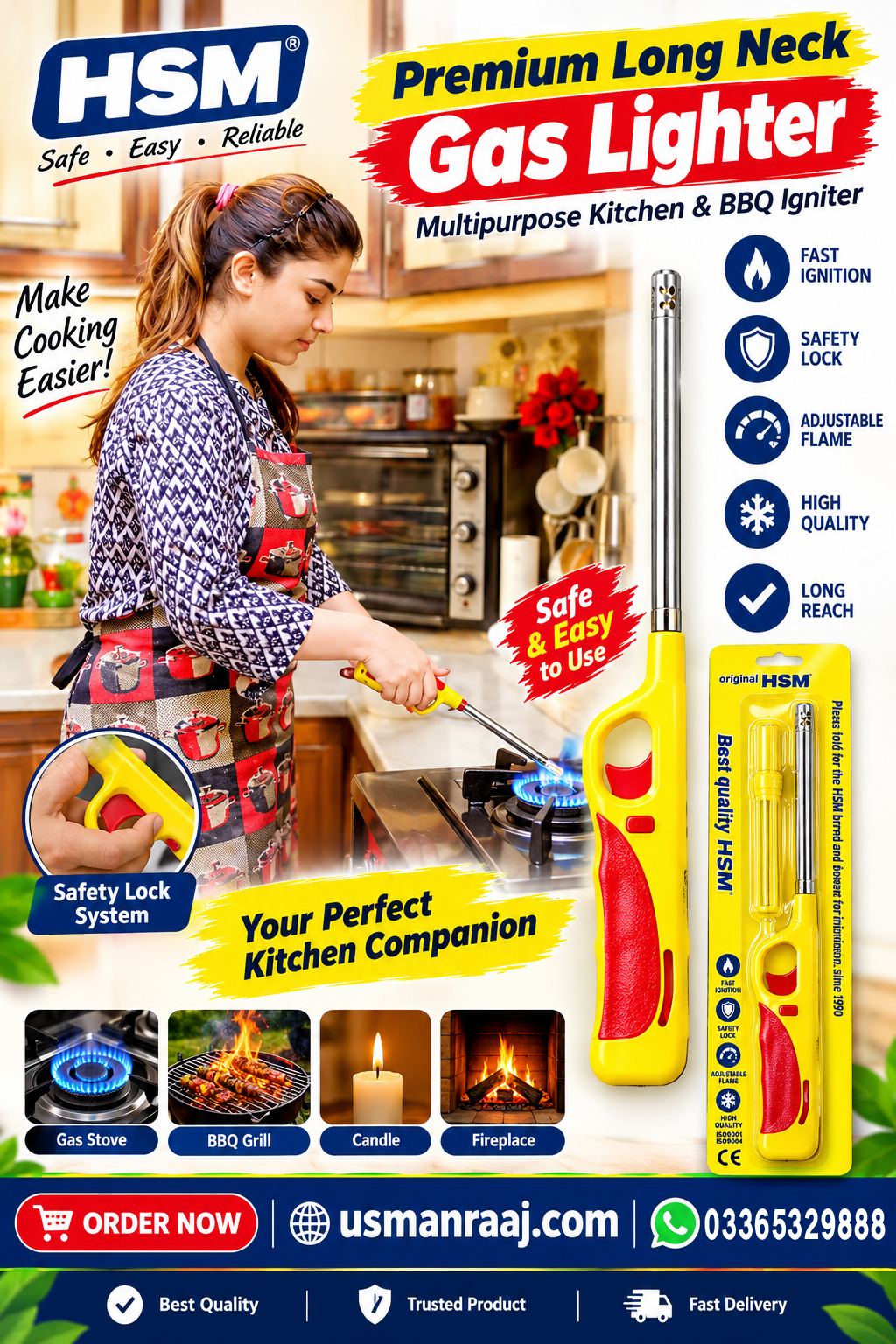 HSM Premium Long Neck Gas Lighter – Multipurpose Kitchen, Stove & BBQ Igniter with Safety Lock, Yellow & Red