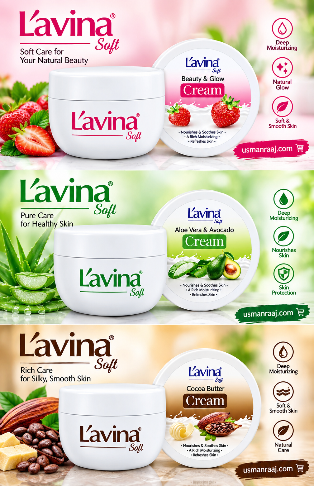 Lavina Soft Beauty & Glow Strawberry Cream, Aloe Vera & Avocado Cream, and Cocoa Butter Cream – Pack of 3 Nourishing & Moisturizing Skin Care Creams for Soft, Smooth, Fresh & Glowing Skin
