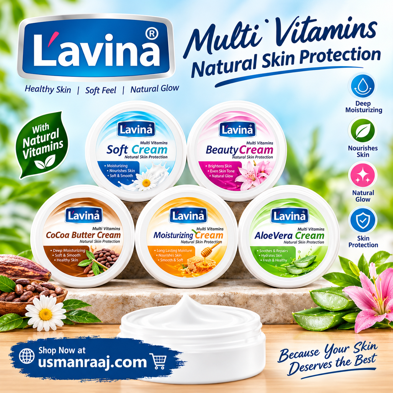 Lavina Soft Beauty & Glow Strawberry Cream, Aloe Vera & Avocado Cream, and Cocoa Butter Cream – Pack of 3 Nourishing & Moisturizing Skin Care Creams for Soft, Smooth, Fresh & Glowing Skin
