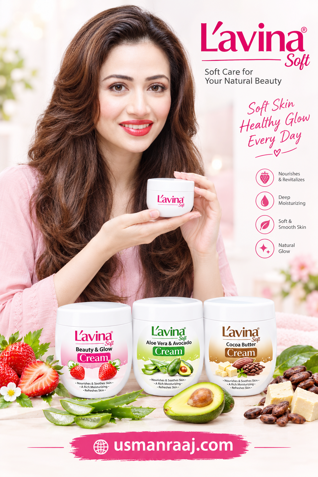 Lavina Soft Beauty & Glow Strawberry Cream, Aloe Vera & Avocado Cream, and Cocoa Butter Cream – Pack of 3 Nourishing & Moisturizing Skin Care Creams for Soft, Smooth, Fresh & Glowing Skin