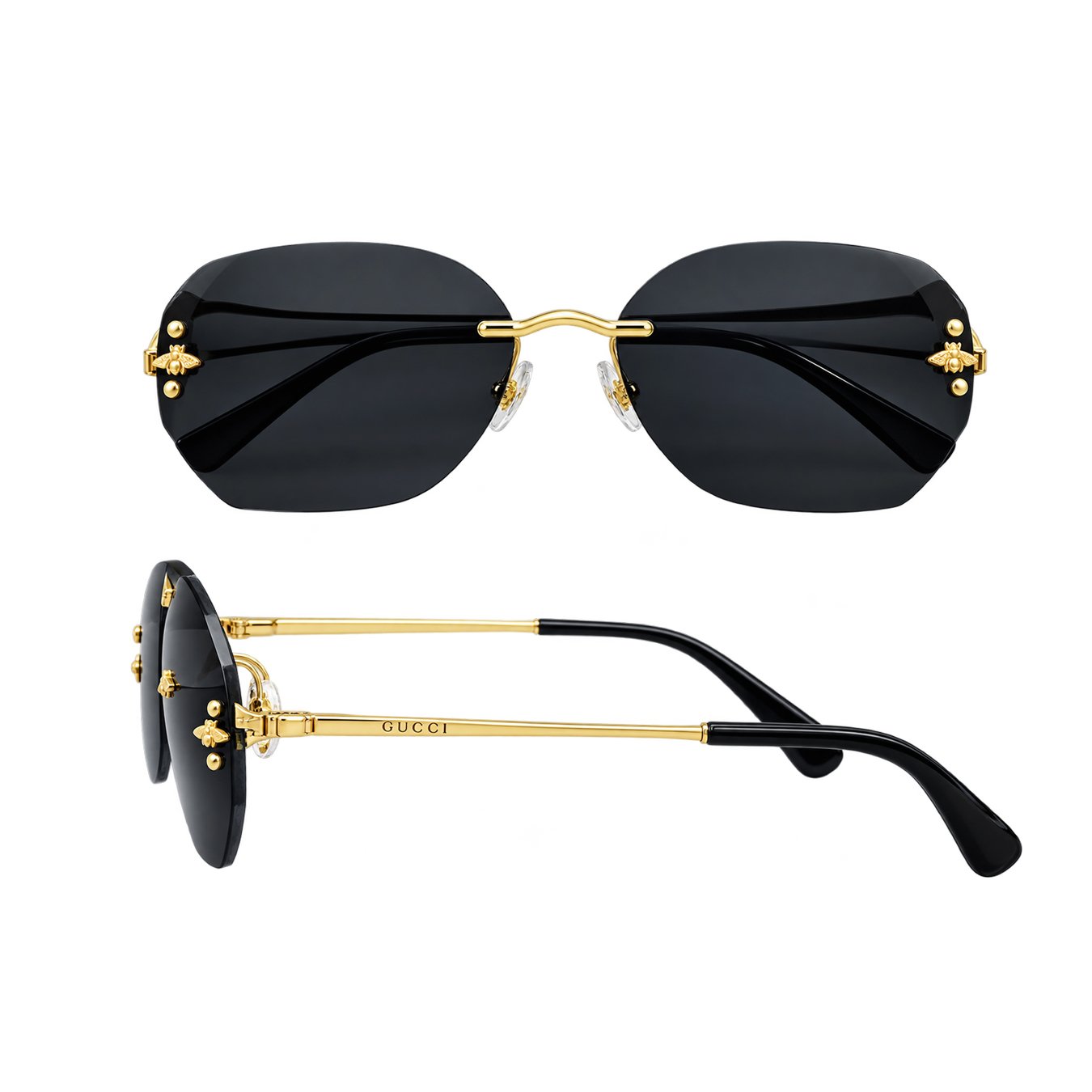 Premium Black Rimless Sunglasses with Gold-Tone Bee Details – Luxury Designer Style | usmanraaj.com