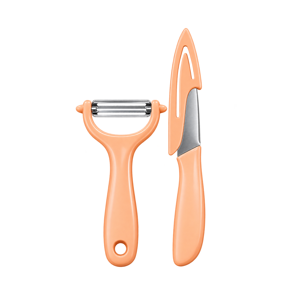 Premium Peach Color Kitchen Knife & Vegetable Peeler Set – 2-Piece Stainless Steel Blade Fruit Peeler and Multipurpose Kitchen Cutting Knife with Protective Cover, Ergonomic Non-Slip Handles, Modern Kitchen Accessories for Fruits, Vegetables & Daily Food Preparation