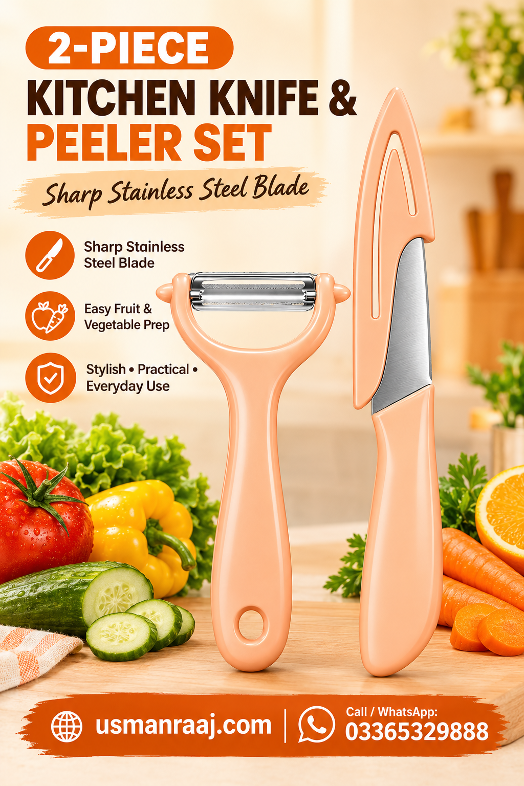 Premium Peach Color Kitchen Knife & Vegetable Peeler Set – 2-Piece Stainless Steel Blade Fruit Peeler and Multipurpose Kitchen Cutting Knife with Protective Cover, Ergonomic Non-Slip Handles, Modern Kitchen Accessories for Fruits, Vegetables & Daily Food Preparation