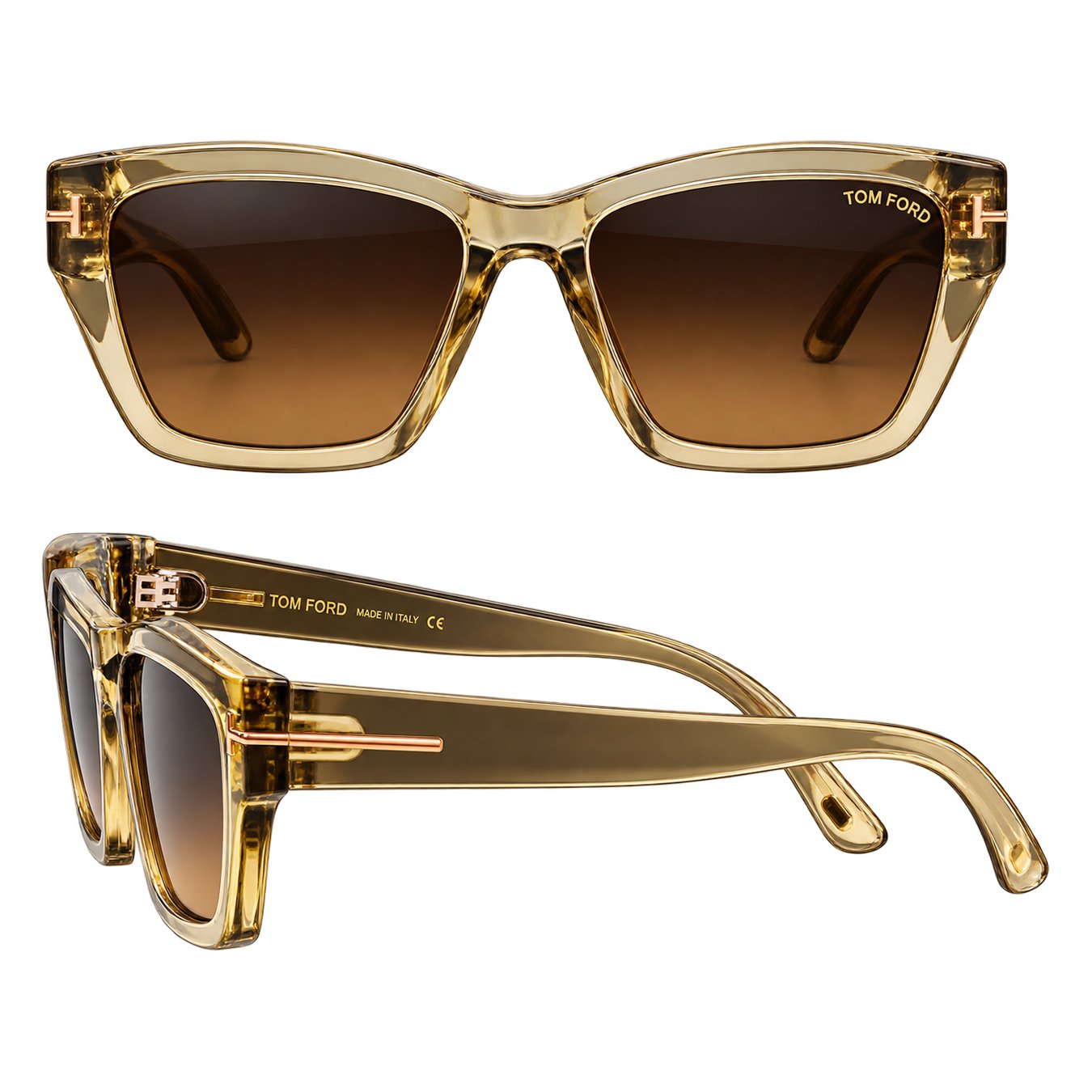 Tom Ford Oversized Square Sunglasses – Transparent Amber Frame with Brown Gradient Lenses