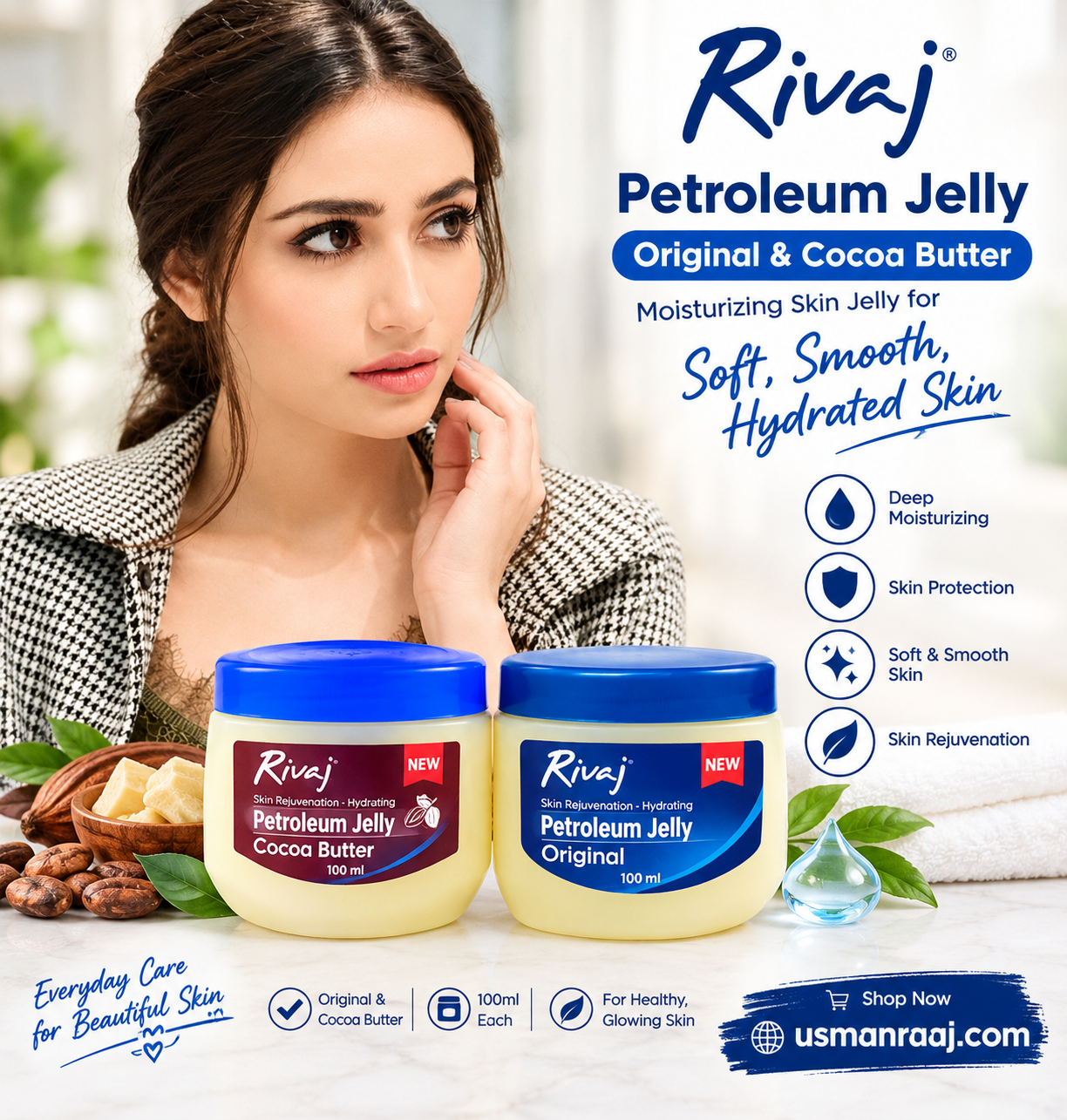 Rivaj Petroleum Jelly 100ml – Original & Cocoa Butter Moisturizing Skin Jelly for Soft, Smooth, Hydrated Skin