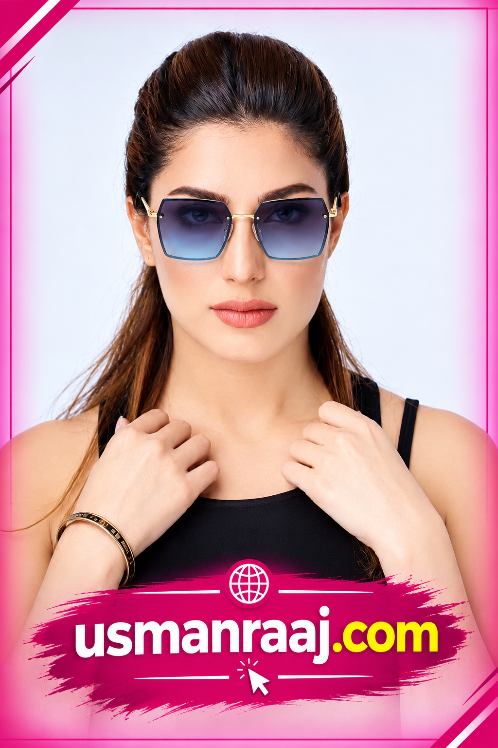 Gucci-Style Oversized Square Gradient Sunglasses – Gold Frame & Blue Lenses