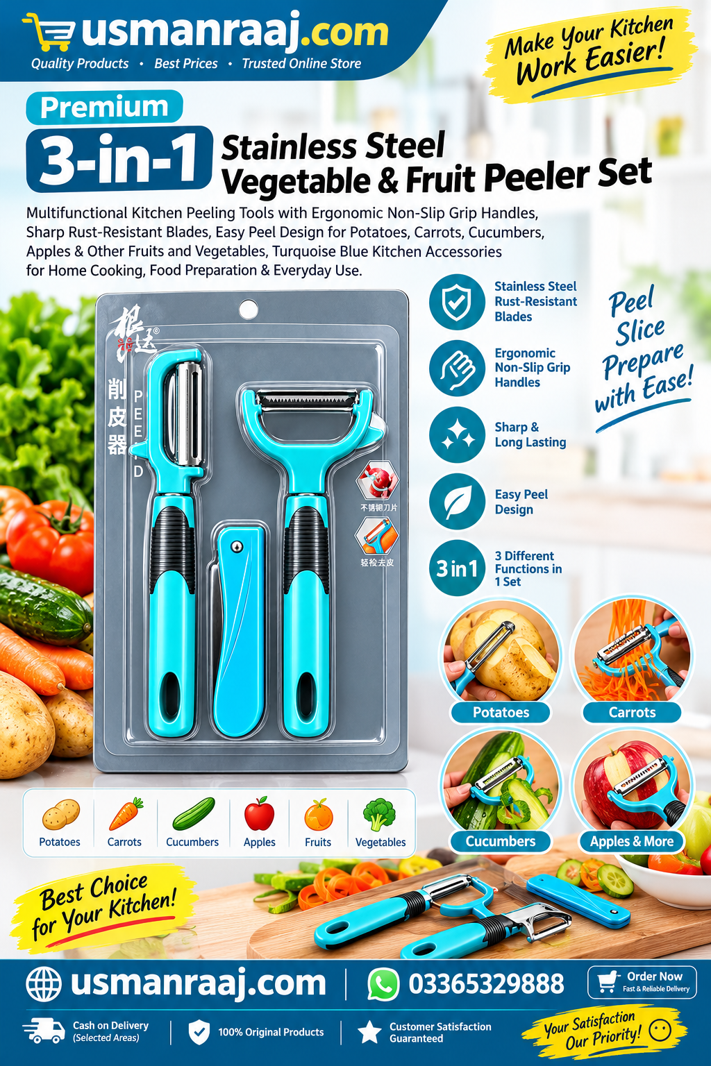 Premium 3-in-1 Stainless Steel Vegetable & Fruit Peeler Set, Multifunctional Kitchen Peeling Tools with Ergonomic Non-Slip Grip Handles, Sharp Rust-Resistant Blades, Easy Peel Design for Potatoes, Carrots, Cucumbers, Apples & Other Fruits and Vegetables, Turquoise Blue Kitchen Accessories for Home Cooking, Food Preparation & Everyday Use